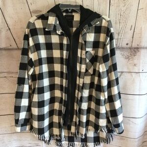 Risen Black & White Plaid Flannel Jacket Zip & Button Fringe Bottom Hooded Med
